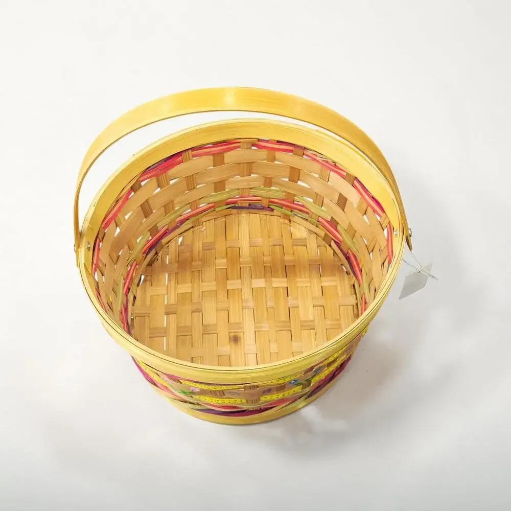 Vintage Woven Bamboo Easter Basket Hand Painted Floral 9.5